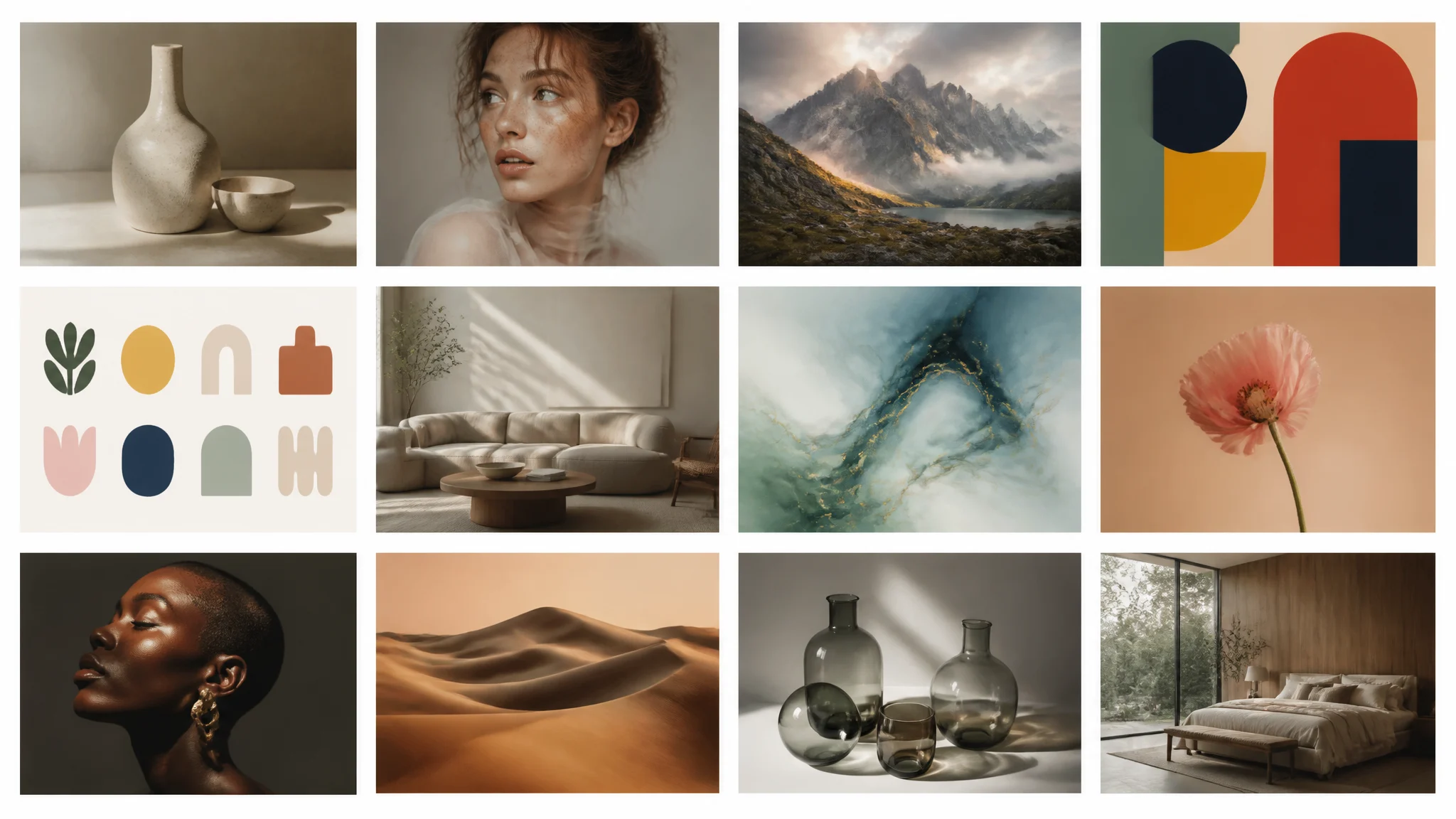 A grid of varied image generations demonstrating prompt-controlled visual styles