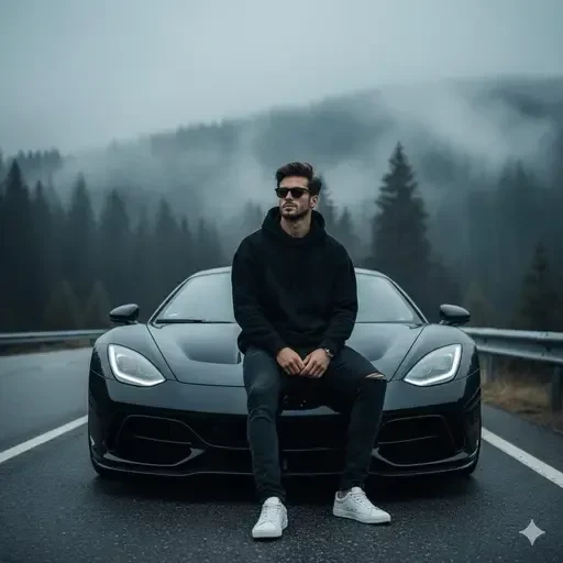 Man on Luxury Sports Car in Foggy Forest