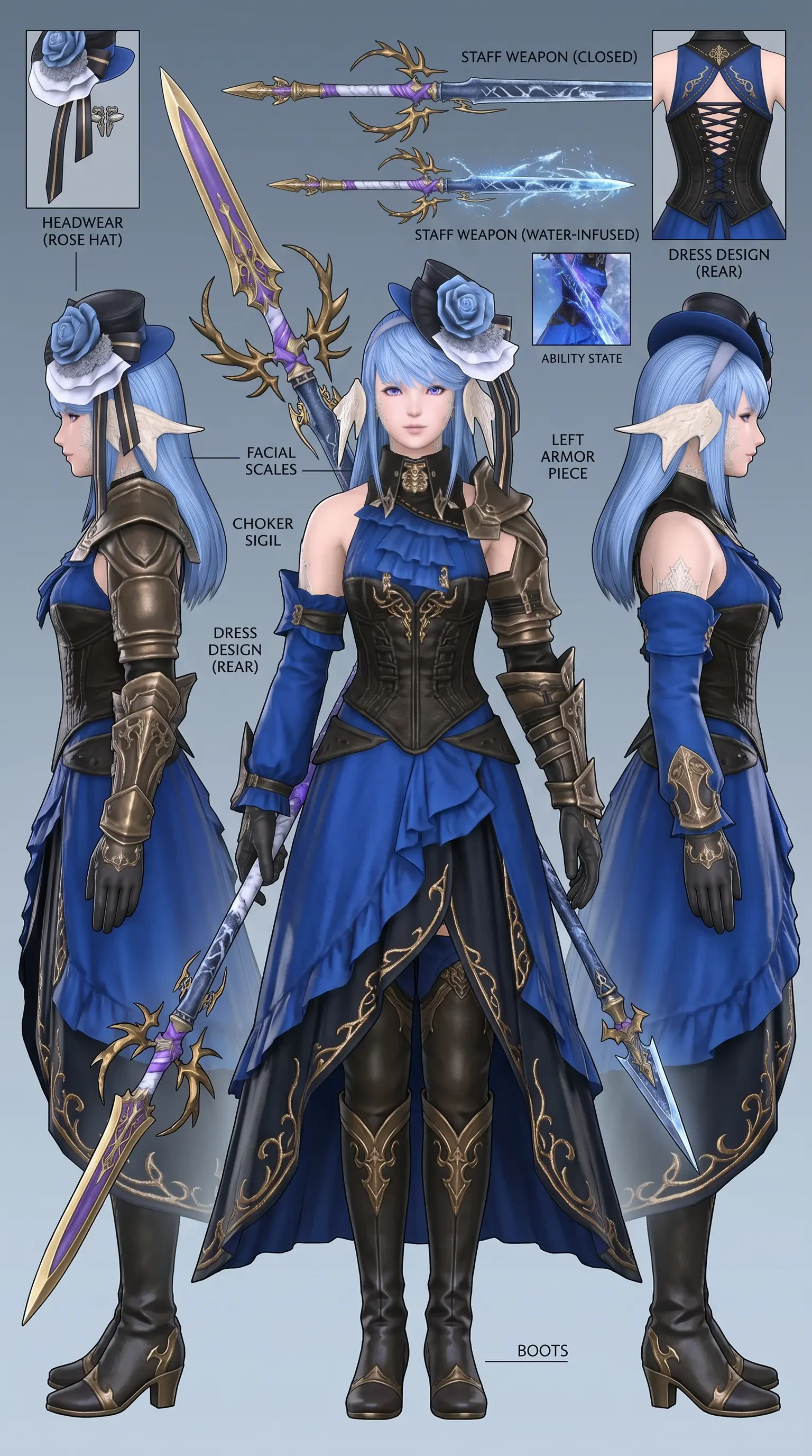 fantasy female character concept sheet three views