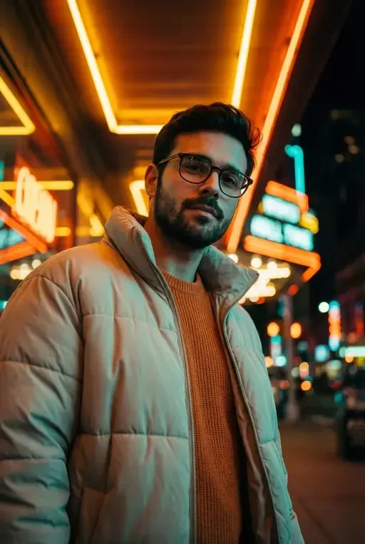cinematic neon tunnel fashion portrait