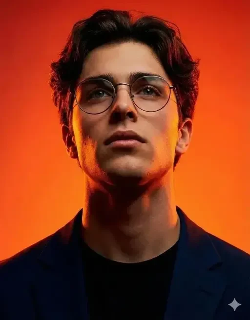 cinematic studio portrait with glasses