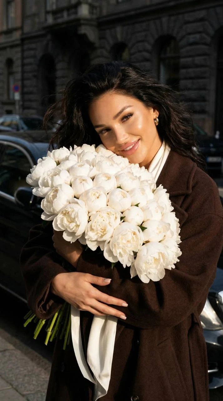 Woman with Peony Bouquet and Luxury Car