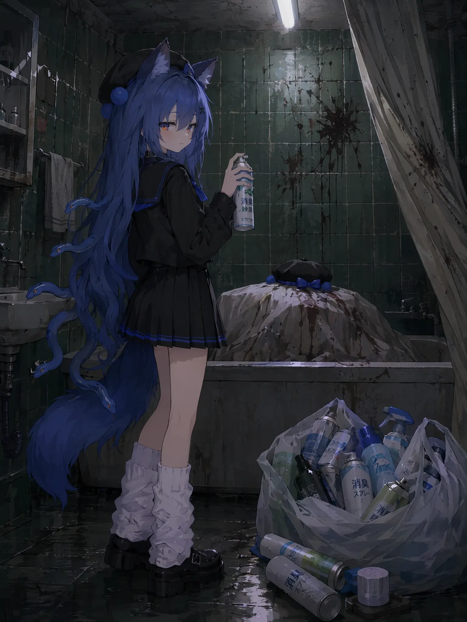 Cat Girl in Gritty Bathroom Illustration