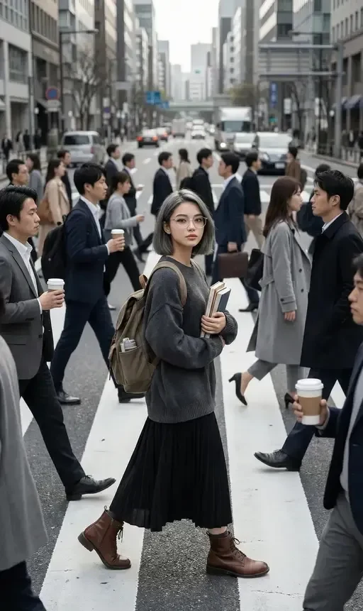 calm person in busy city street