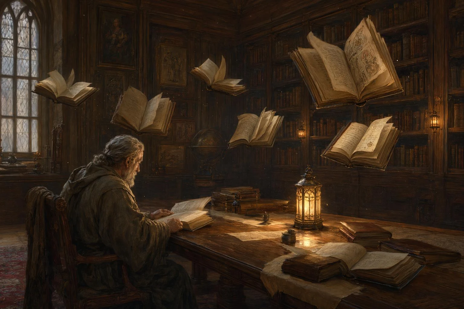 ancient library with floating books
