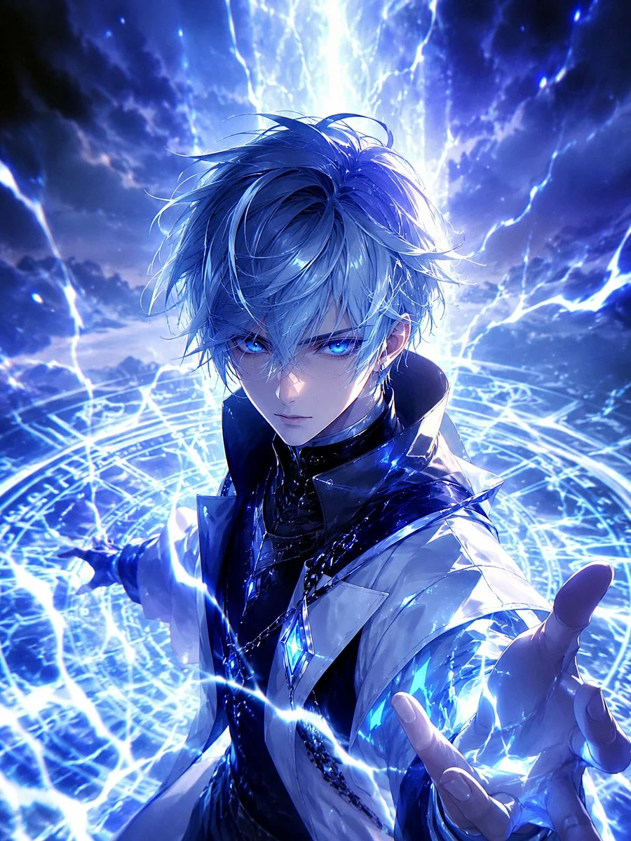 Blue Lightning Mage Anime Fantasy Illustration