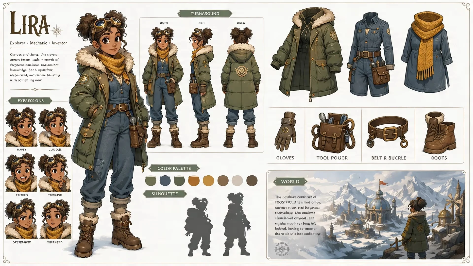 female explorer character design sheet