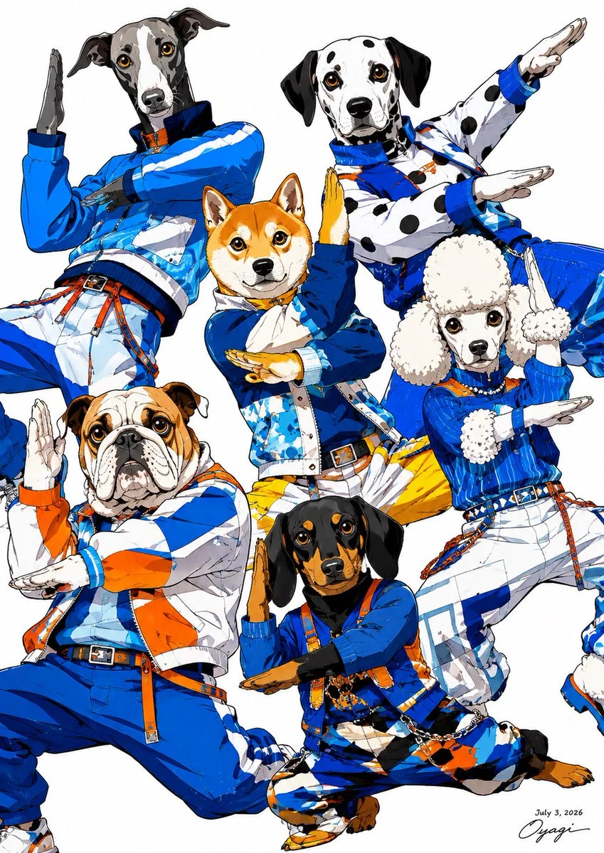 Anthropomorphic Dog Dance Crew Illustration