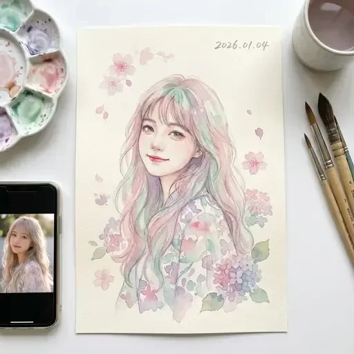 Japanese Watercolor Floral Portrait