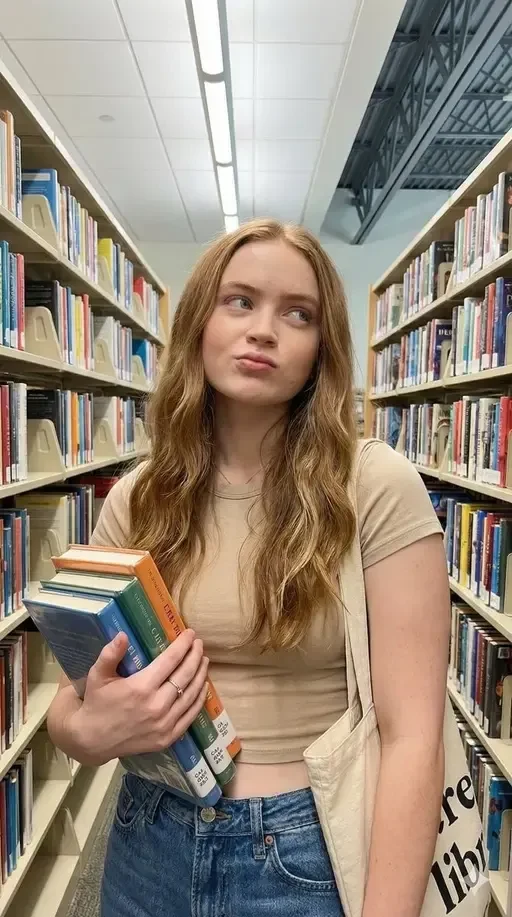 girl in library holding books