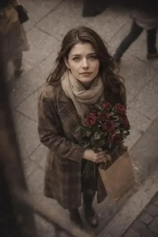woman with roses on cobblestone street