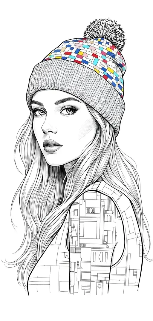 Ink Illustration Portrait with Colorful Mosaic Beanie