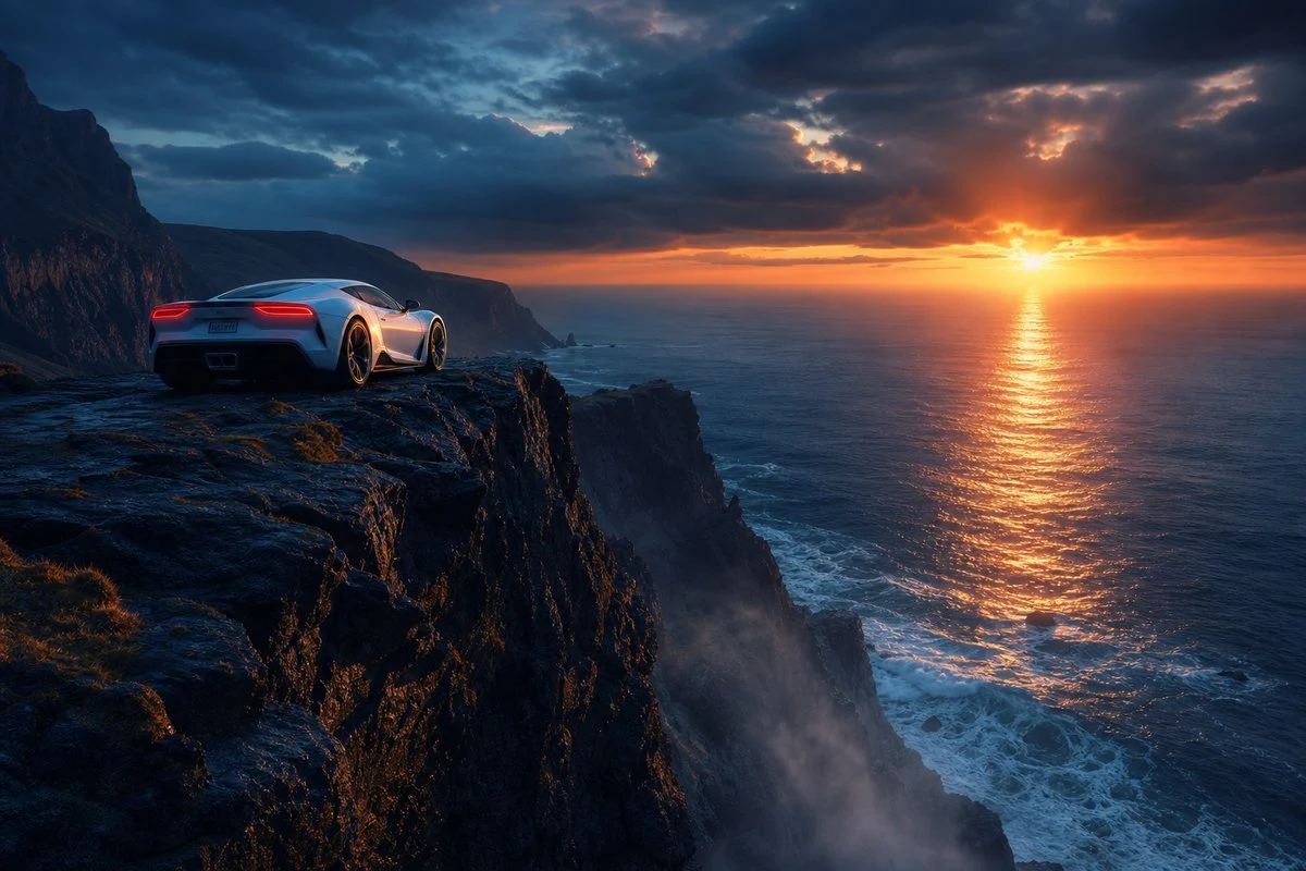 Cinematic Sports Car on Sunset Cliff