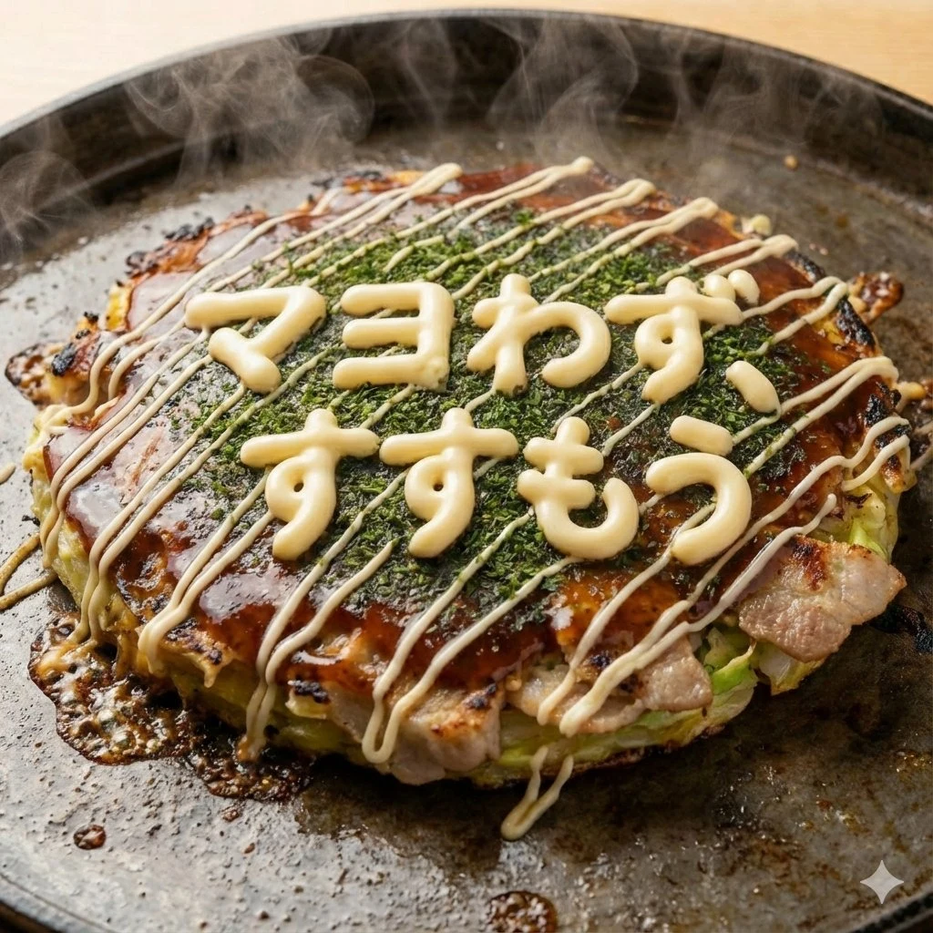 steaming okonomiyaki close-up