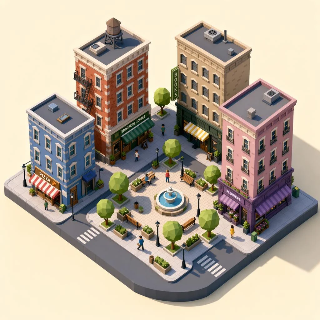 isometric low-poly city block