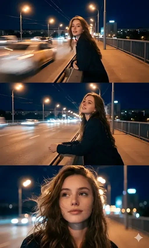 cinematic night city triptych portrait