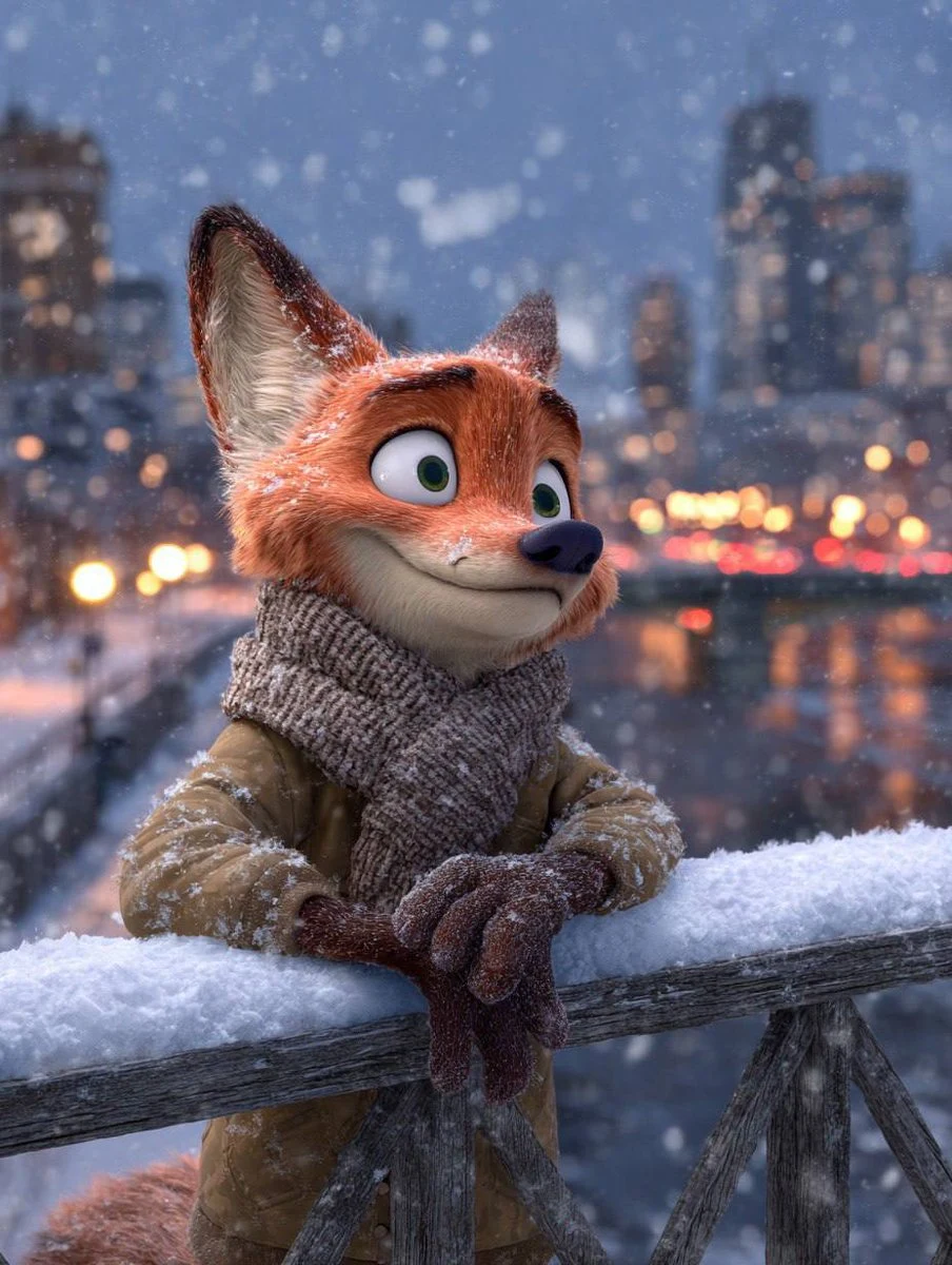 Anthropomorphic Fox in Winter City