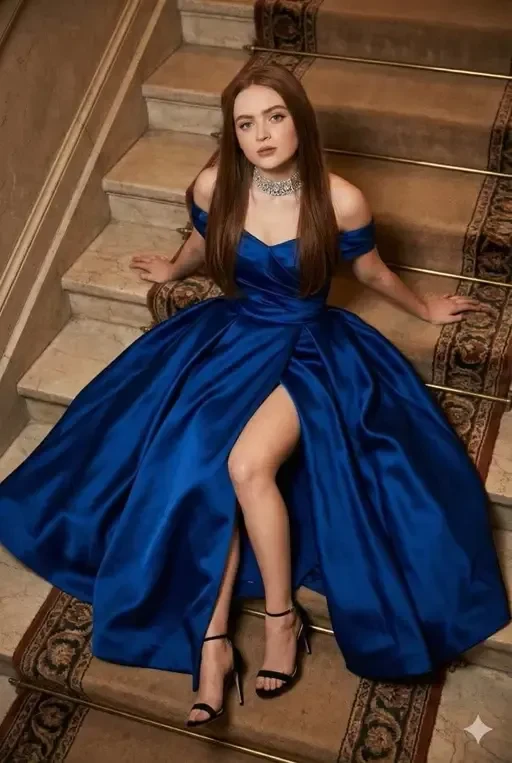 elegant woman in blue gown on grand staircase
