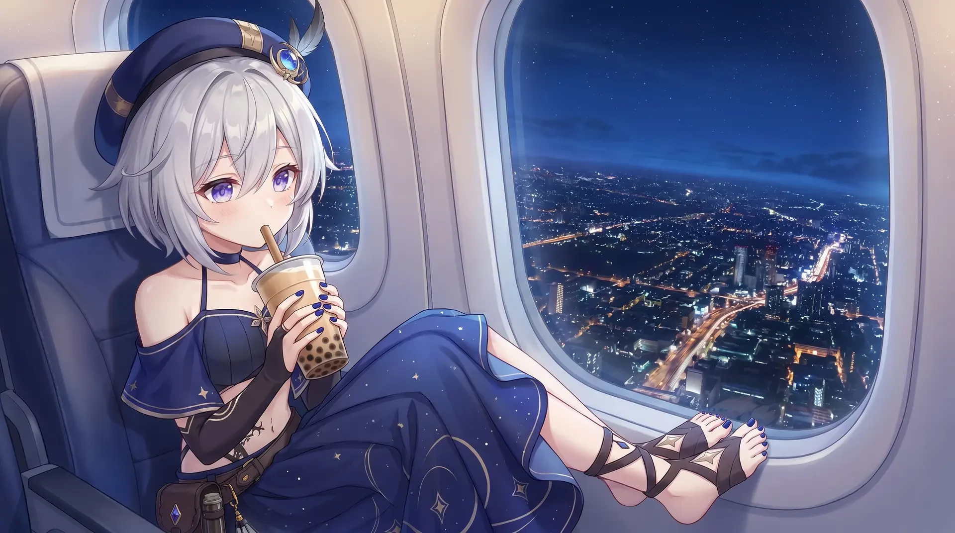 Anime Girl on Airplane with Tea