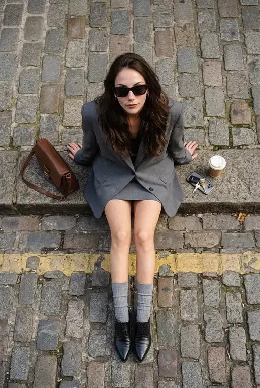 overhead fashion portrait on cobblestone street