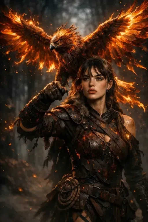 warrior with fire phoenix in forest