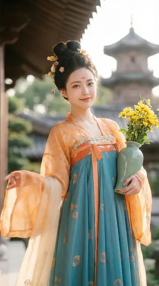 woman in traditional hanfu with vase