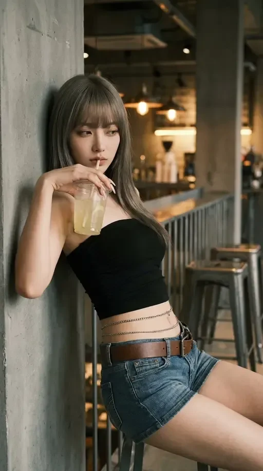 Stylish Girl in Loft Cafe with Lemonade
