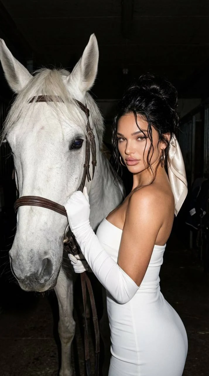 Night Portrait of Woman with White Horse