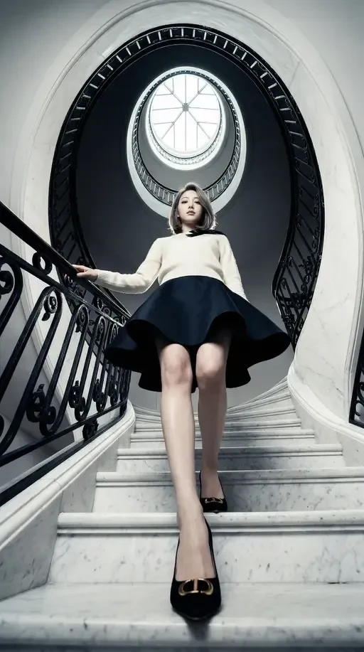 Elegant Woman Descending Spiral Staircase