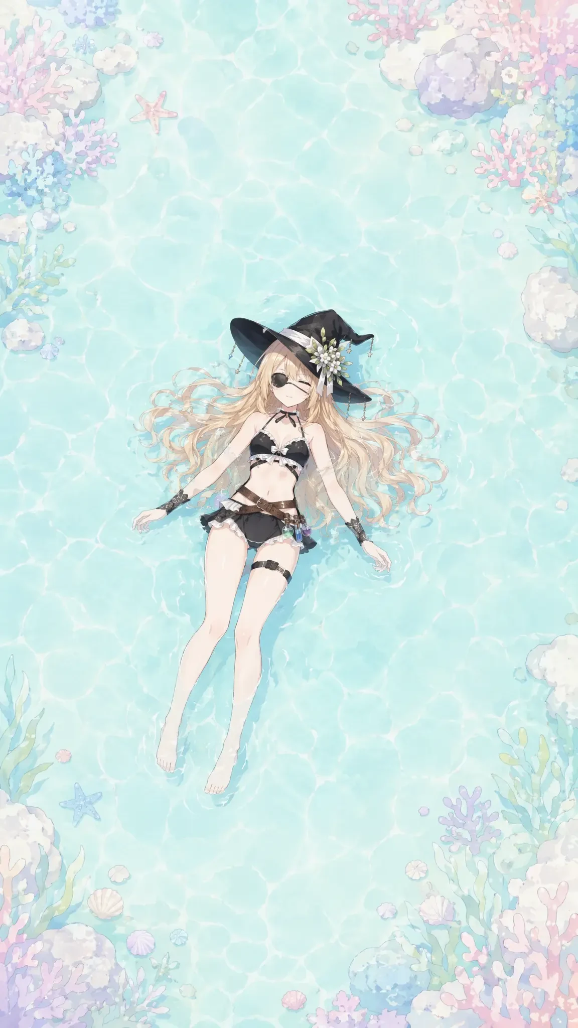 Anime Character Floating In Turquoise Water