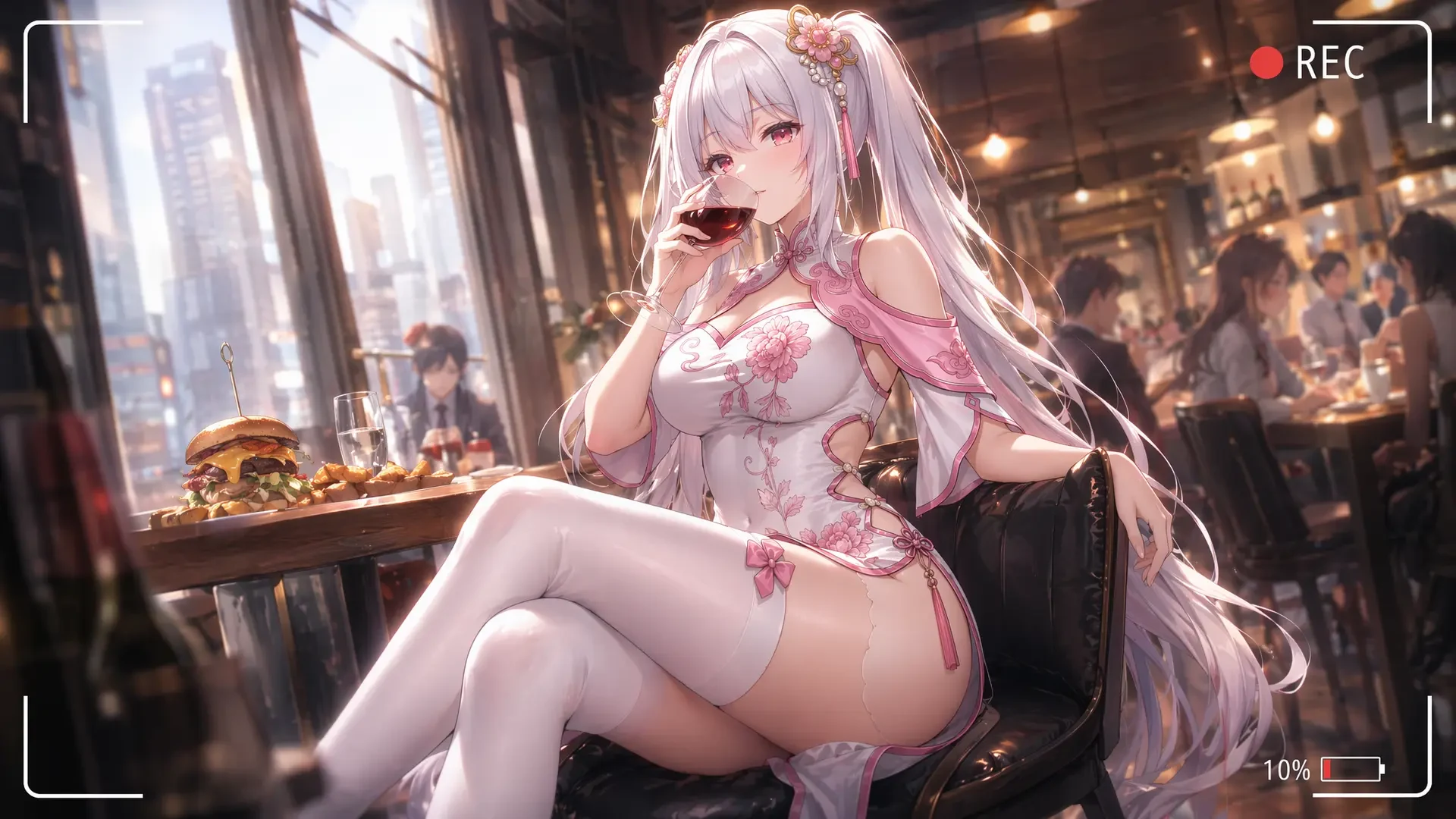 Anime Girl in Luxury Restaurant with Wine