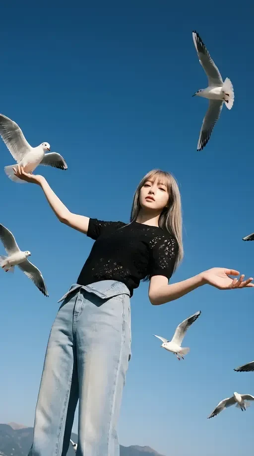 girl with seagulls in blue sky