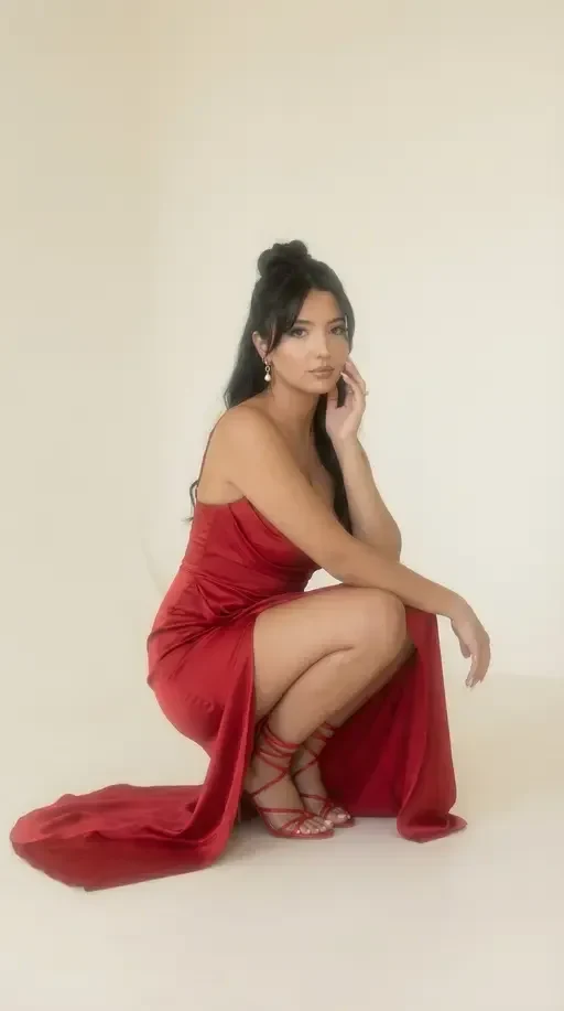 High-Fashion Red Satin Studio Editorial Portrait