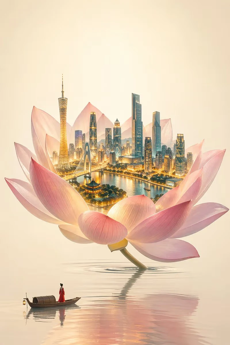 Chinese Minimalist Lotus City Illustration