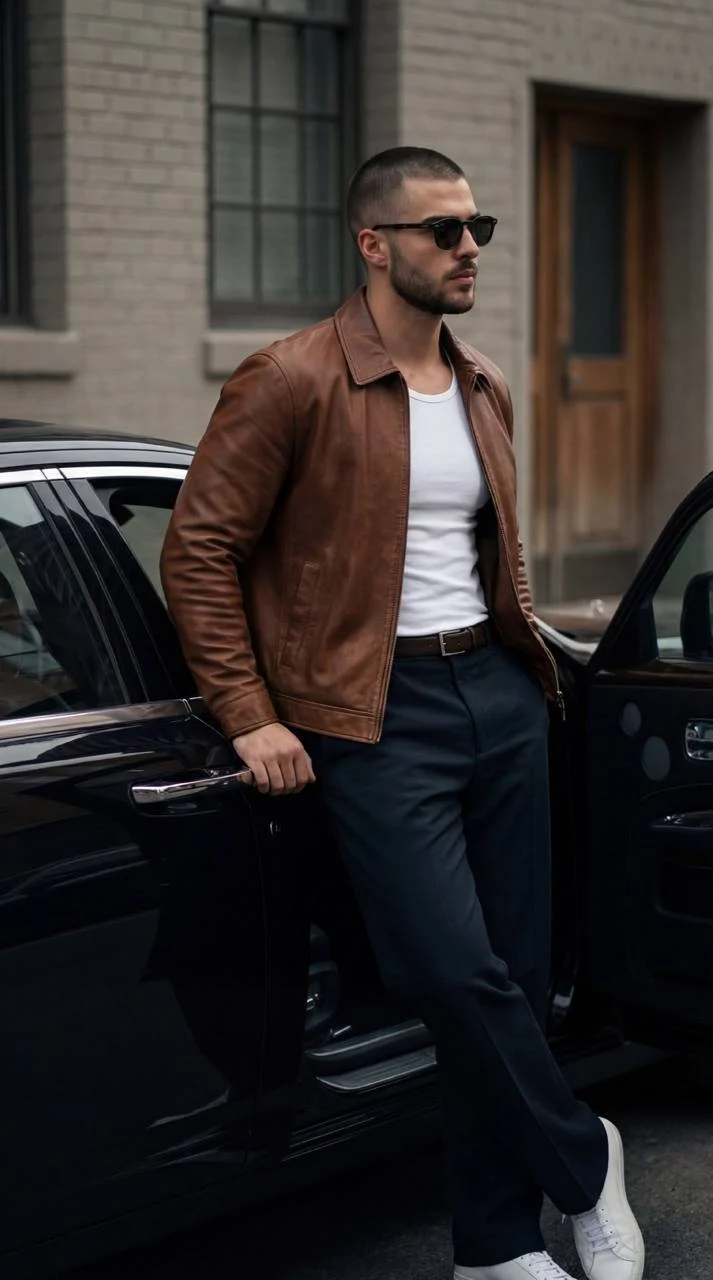 Confident Man in Leather Jacket by Black Car