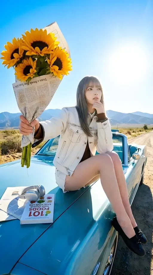 Girl with Sunflowers and Vintage Car