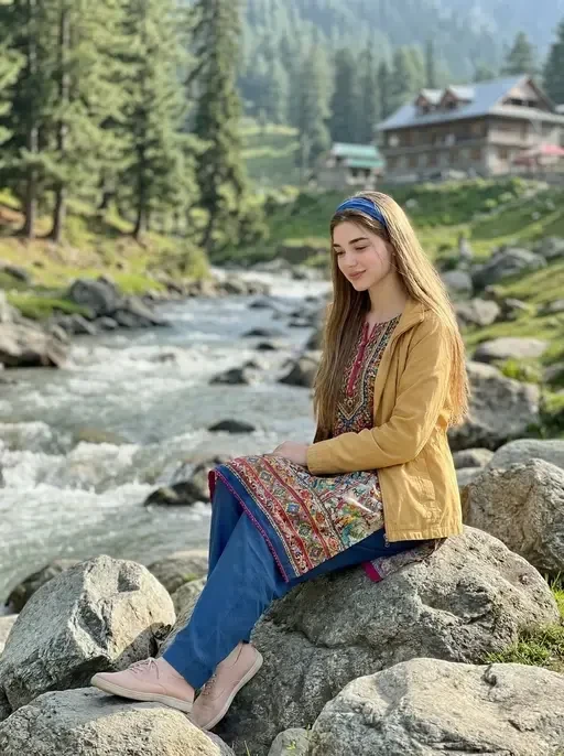 young woman by mountain stream
