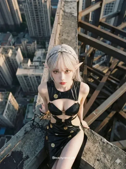 cinematic top-down skyscraper rooftop portrait