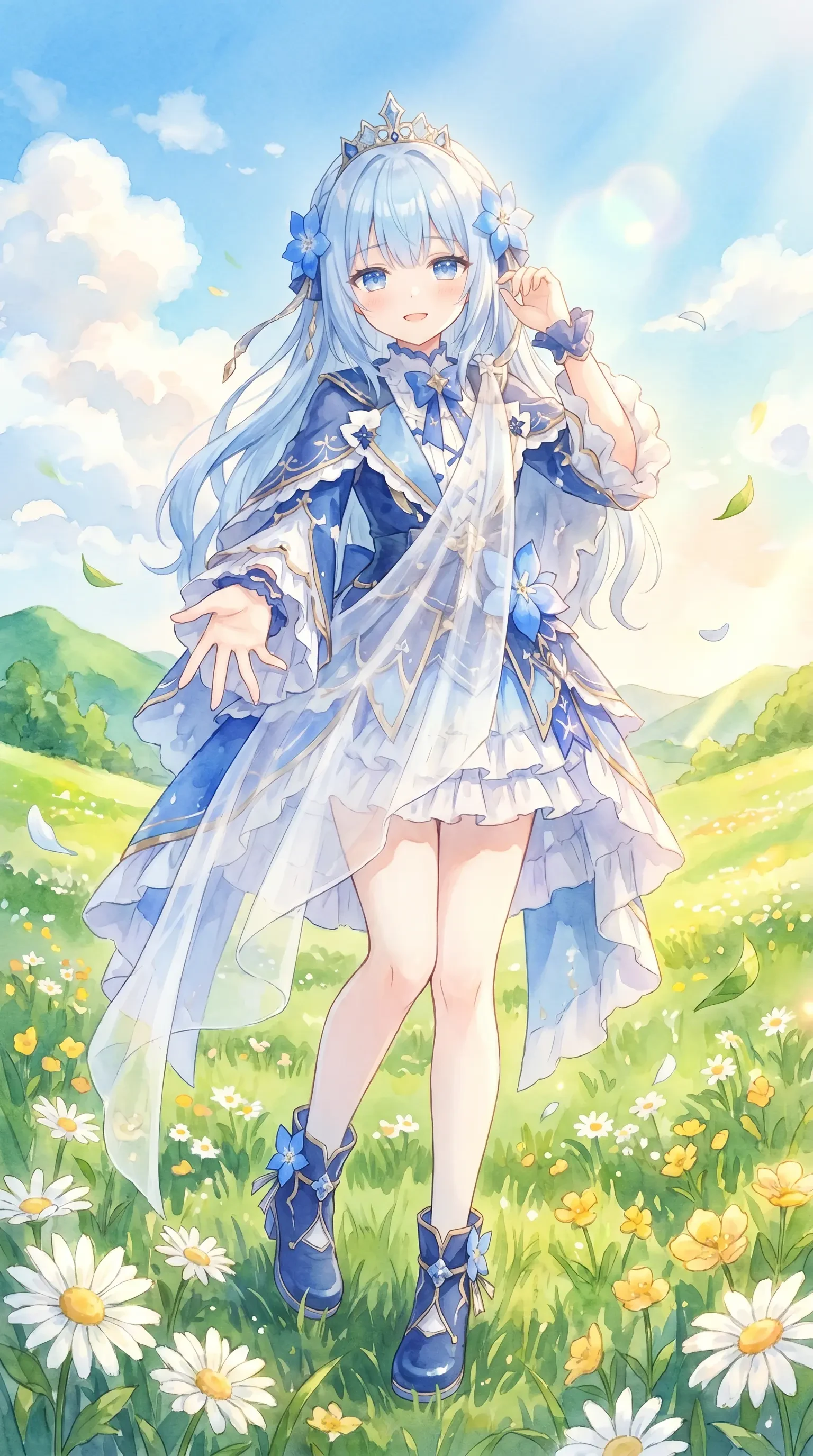 Japanese Watercolor Anime Girl in Meadow