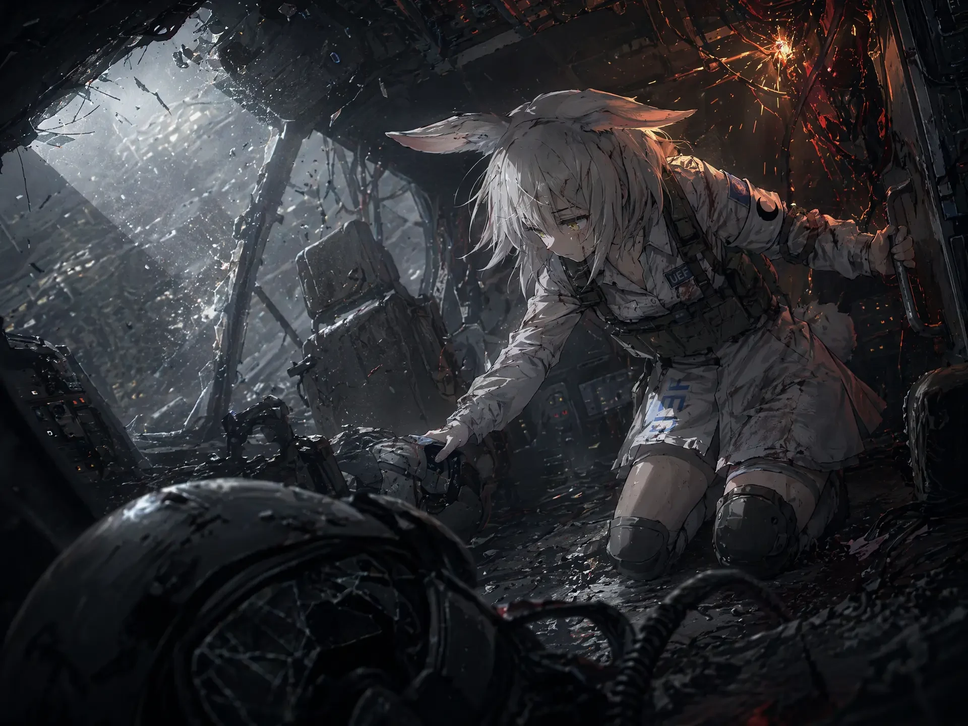 rabbit-girl pilot in crashing helicopter cockpit