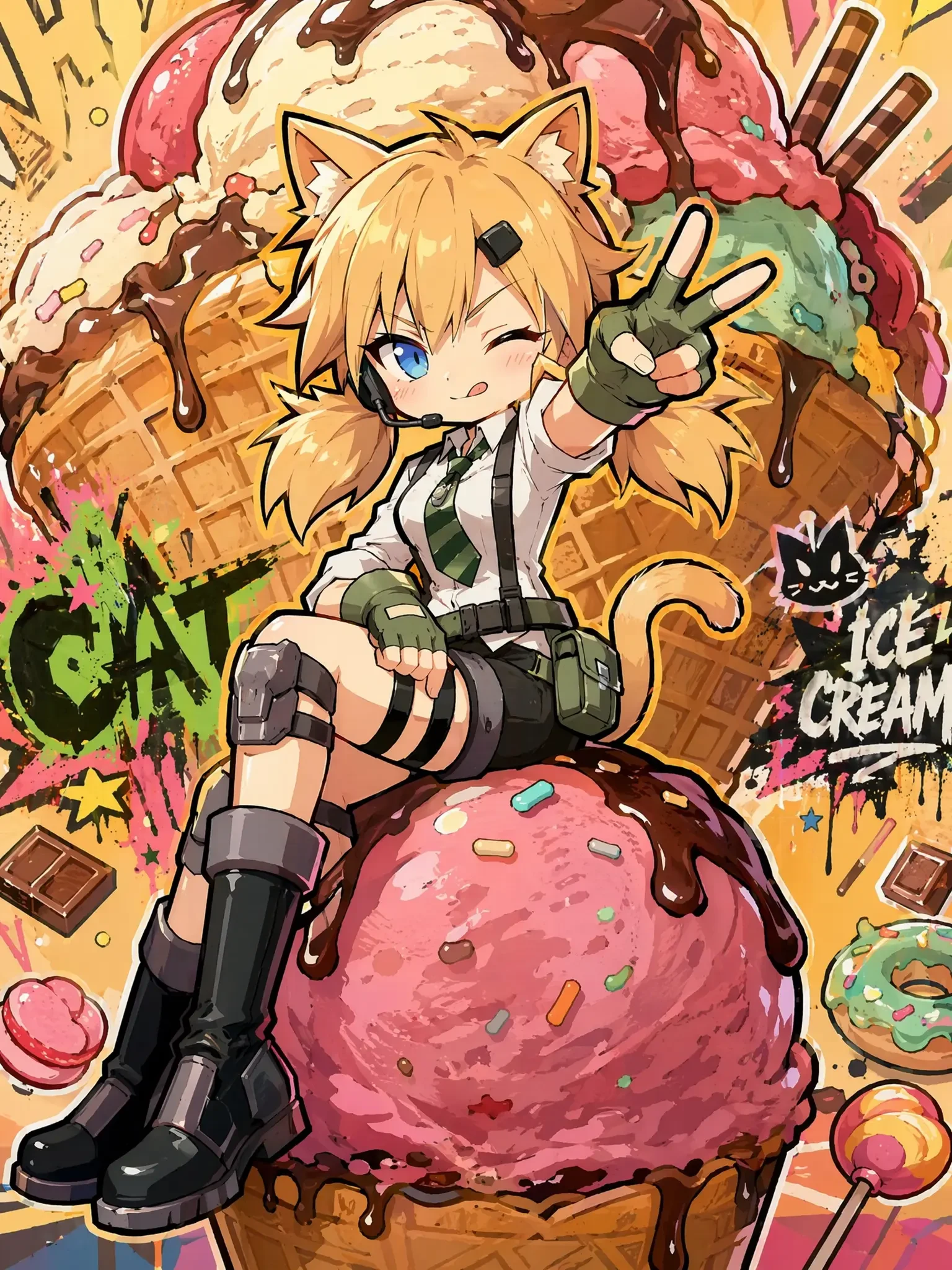 Cartoon Cat Character Ice Cream Illustration