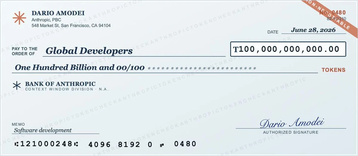 Anthropic Token Bank Check Mockup