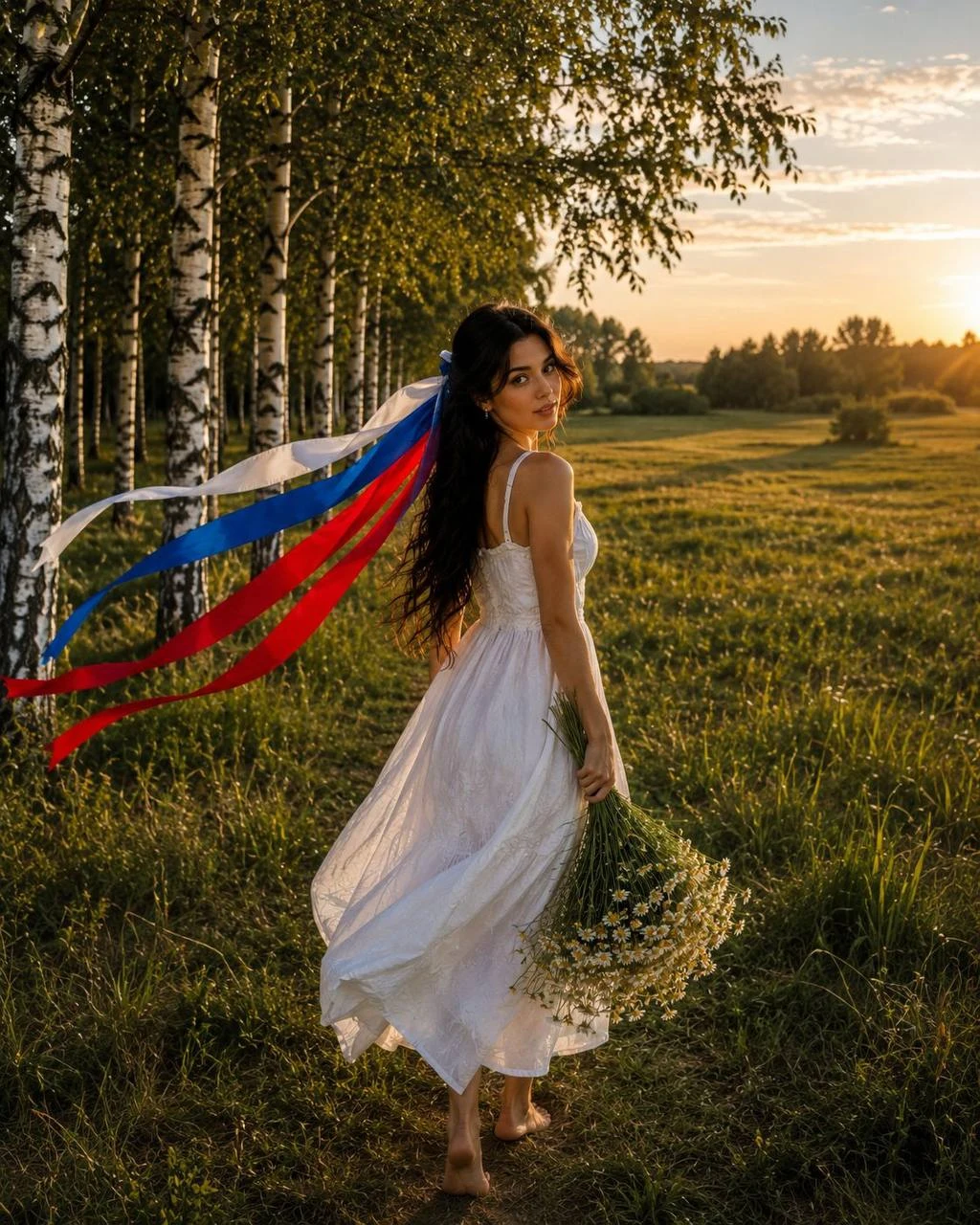 Russian Woman in Meadow Golden Hour