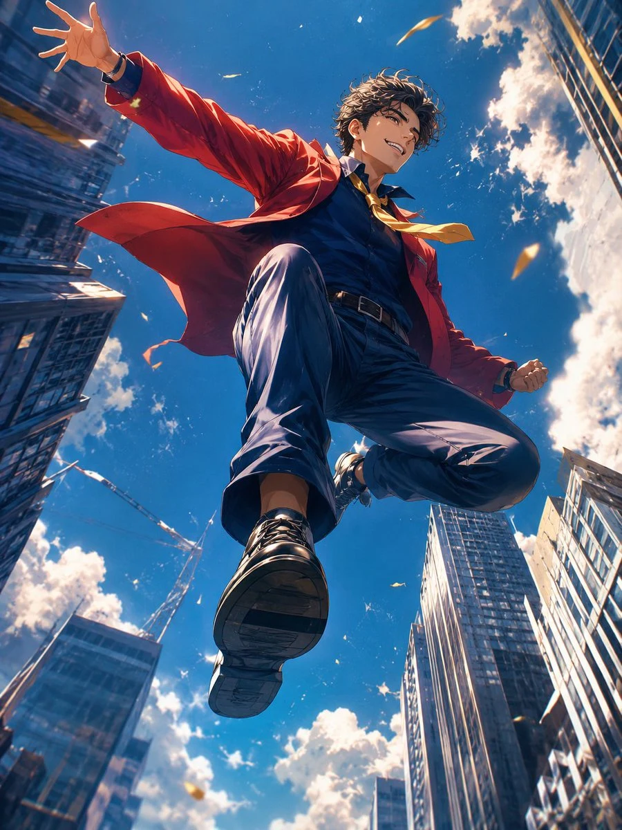 anime hero leaping over city