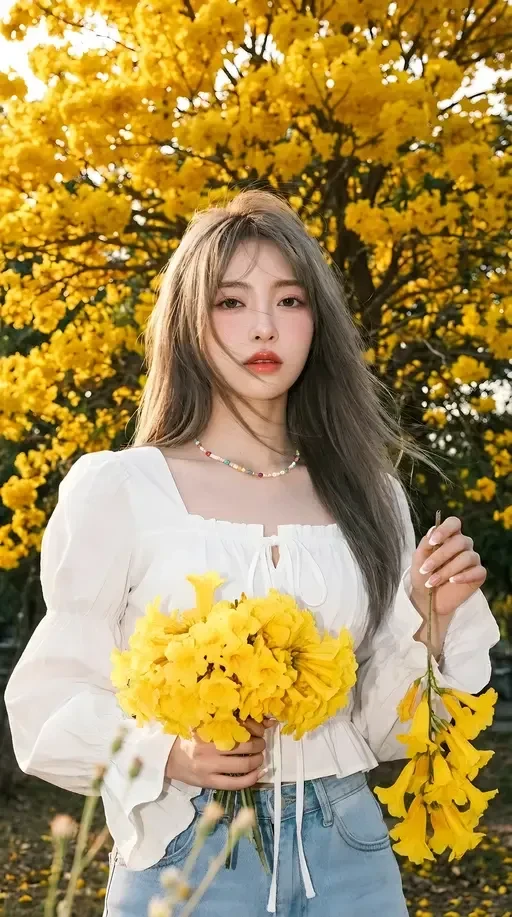 Studio Portrait With Golden Trumpet Flowers