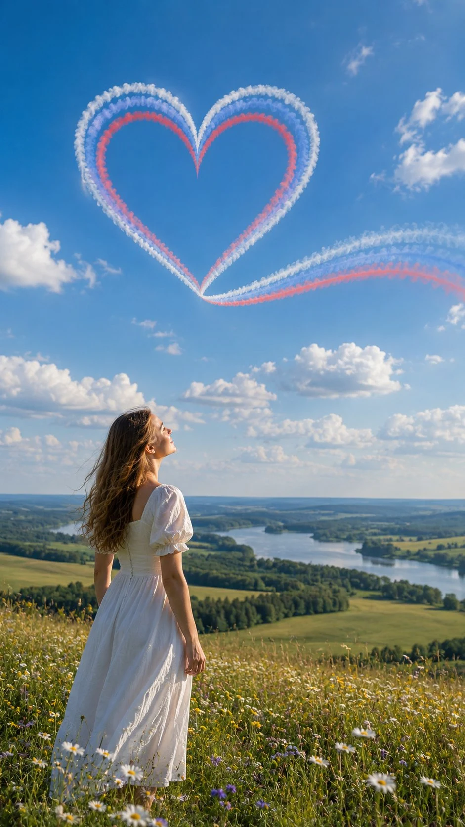 Woman in Field with Heart Smoke Sky
