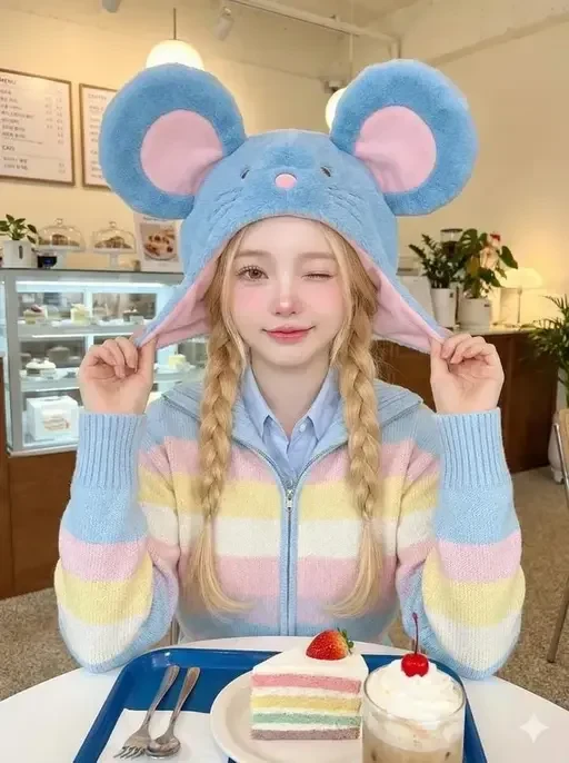Cute Girl in Mouse Hat Cafe Portrait