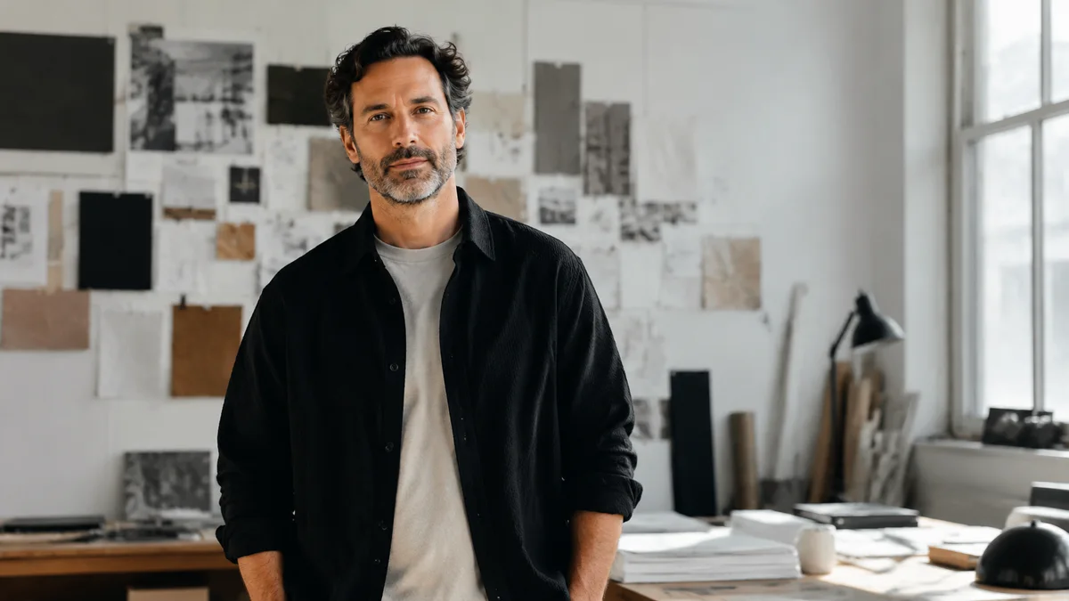 Creative director photographed in a bright working design studio