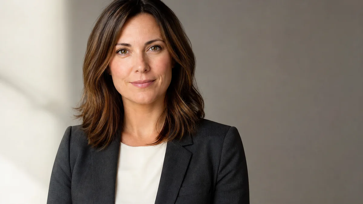 Professional founder headshot with a warm gray studio background