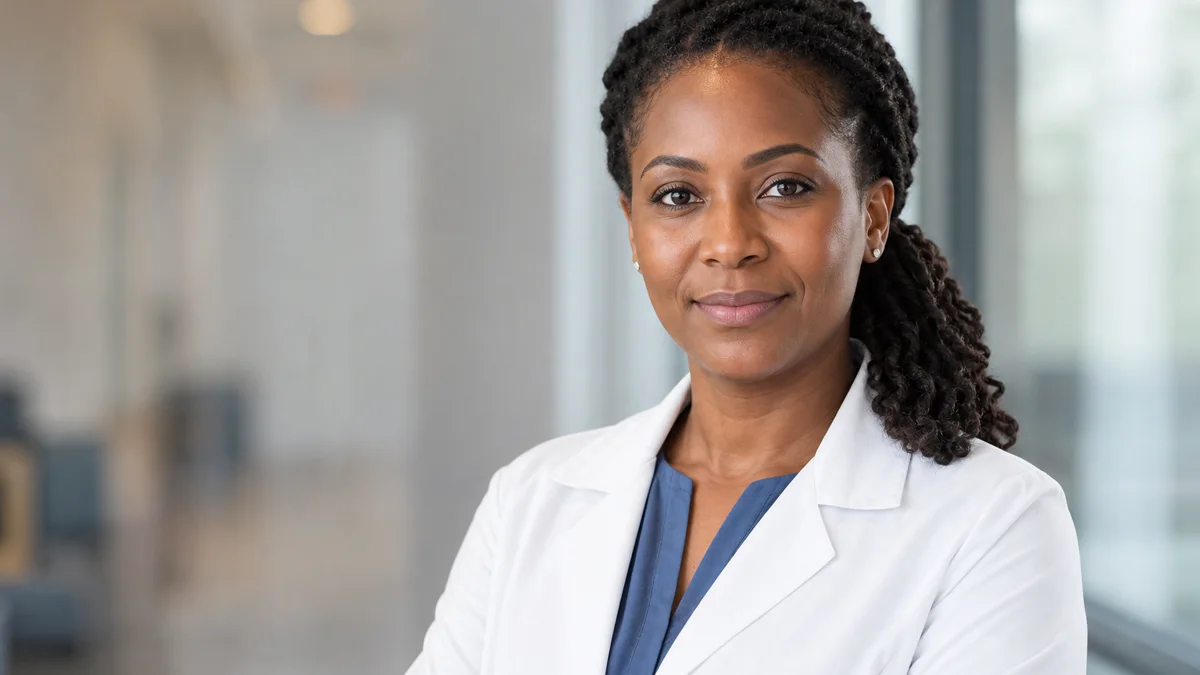 Reassuring physician portrait in a softly blurred modern clinic